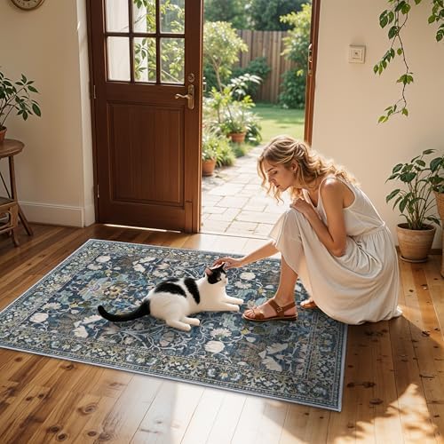 Washable 3x5 Entryway Area Rugs: Ultra Soft Low Pile Carpet for Kitchen Nursery Indoor Light-Weight Doormat Anti-Slip Thin Entry Rug for Living Room Bedroom Small Vintage Floor Mat(3x5,Floral/Blue) - Image 5
