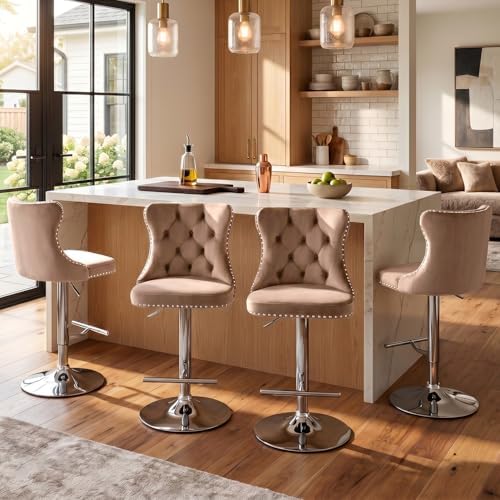 SoarFlash Velvet Bar Stool Set of 4, Adjustable Swivel Bar Stools with Silver Plated Metal Leg, Button Tufted, Footrest, Chrome Nailhead, Counter Height Chair for Kitchen, Bar, Dining Room (Khaki) by SoarFlash