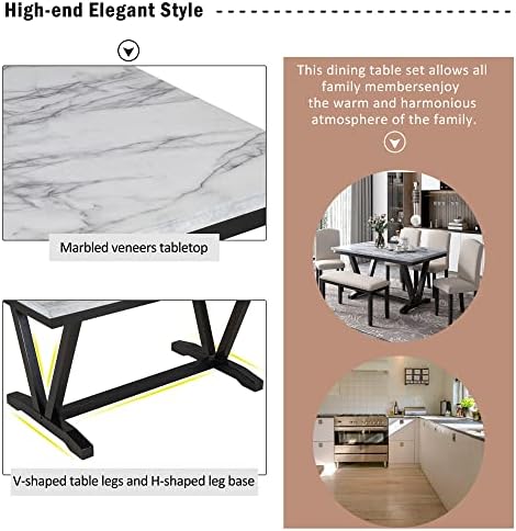 LUMISOL 6 Piece Dinette Set Large Dining Table Set with Bench Include Faux Marble Tabletop, 4 Padded Chairs and Bench, White+Black - Image 4