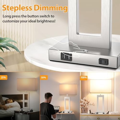 Table Lamps for Bedrooms Set of 2, 27.2’’ Tall Modern Silver Lamps for Living Room Nightstand, Touch Control Bedside Lamps with 2 USB Ports&AC Outlet, Stepless Dimming, 3 Color Temp. Bulbs Covered - Image 4