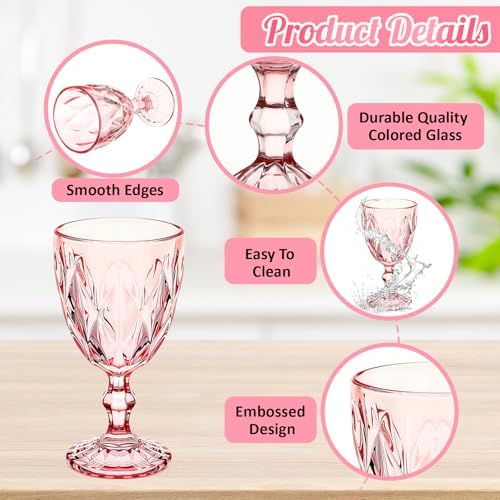 Yinder Glass Goblet Vintage Wine Goblet Embossed Glassware 10 oz Solid Color Glass Stemmed Cups for Iced Tea Beverage Soda Juice Water Liquor and Party Wedding Bars Restaurants(Pink,6 Pack) - Image 4