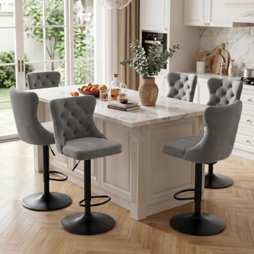 SoarFlash Velvet Bar Stool Set of 6, Adjustable Swivel Bar Stools with Black Metal Leg, Button Tufted, Footrest, Chrome Nailhead, Counter Height Chair for Kitchen, Bar, Dining Room (Grey) by SoarFlash
