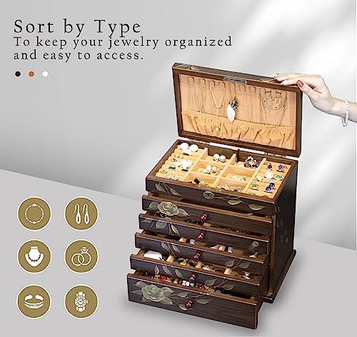Vintage Wooden Jewelry Box for Women, 7-Layer Hand-painted Organizer - Image 3