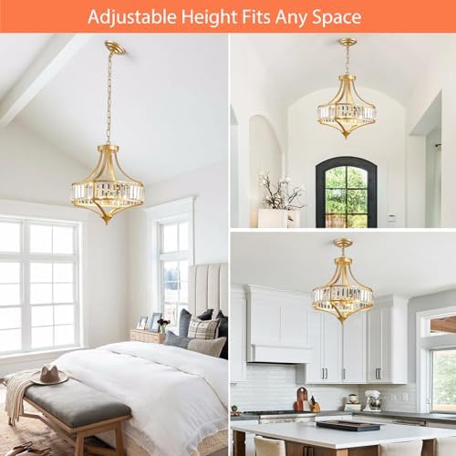 Gold Chandeliers for Dining Room Modern Round Crystal 4 Lights Rustic Pendant Lighting Fixture with Metal Lampshade for Living Room Hallway Bedroom Foyer - Image 6