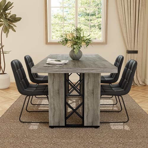 HIPIHOM 7-Piece Dining Table Set for 6, Grey Table with 6 PU Black Chairs - Image 5