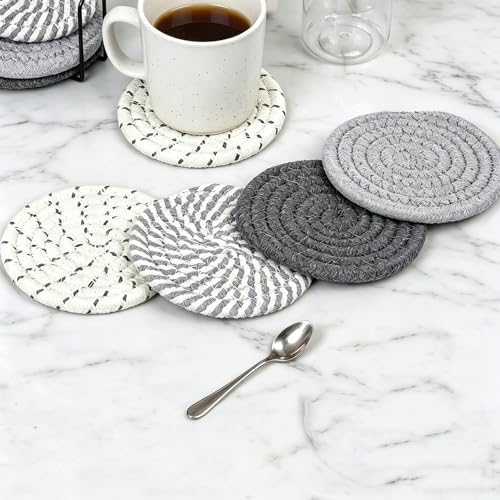 Coasters Set of 8 for Drinks with Holder,4 Colors Absorbent Coasters,Boho Cotton Woven Coaster Set for Living Room Decor,Tabletop Protection Suitable for Drinks,Beer, Coffee - Image 5