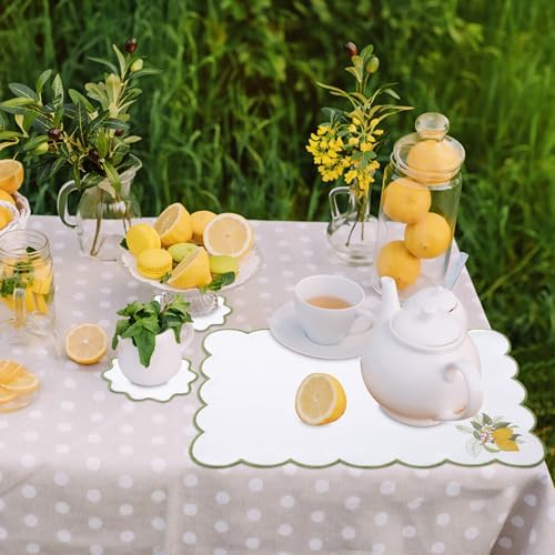 Set of 12 Lemon Cotton Linen Placemats Coaster, 12 x 17 Heat Resistant Embroidery Scalloped Placemats, 4" Summer Kitchen Coaster Double Layered Rustic Dinner Table Decoration(White and Green) - Image 5