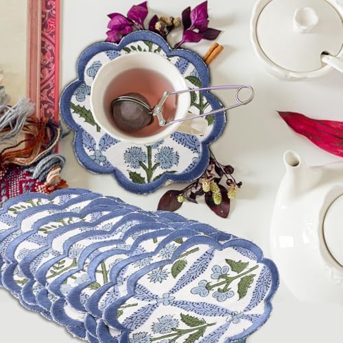 Ridhi 8-Pcs 100% Cotton Hand Block Print Drink Coasters 5" in Steel Blue by Ridhi