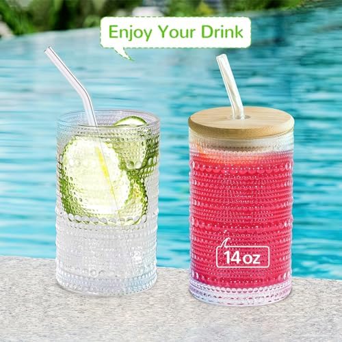 Hobnail Drinking Glasses with Bamboo Lids and Glass Straw 4Pcs Set - 14oz Vintage Glass Cups, Water Glasses, Iced Coffee Glasses, Cute Tumbler Cup, Ideal for Cocktail, Whiskey, Gift - Cleaning Brushes - Image 6