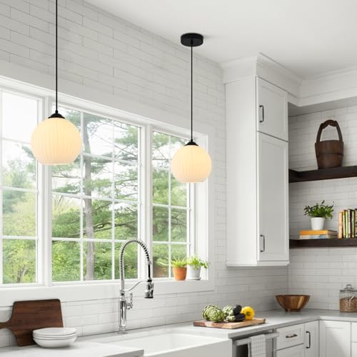 KCO Farmhouse Vintage Black 7.9” Ribbed Milk Glass Pendant Lights Set of 2 - Image 6