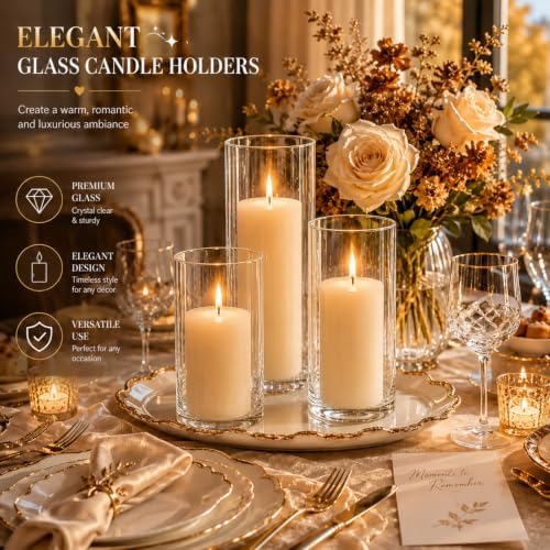 24 PCS Ivory White Pillar Candles and Glass Cylinder Vases Hurricane Glass Candle Holders for Pillar Candles Wedding Centerpieces, Party, Event, Home Office Decor(12 Candles+12 Candle Hoders) - Image 3
