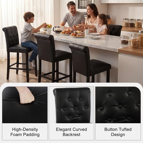 LSSBOUGHT 24 Inches Leather Counter Height Stools Set of 4 with Solid Wood Legs Bar Chairs for Kitchen lsland & Dining Room(Black,4PCS) - Image 3