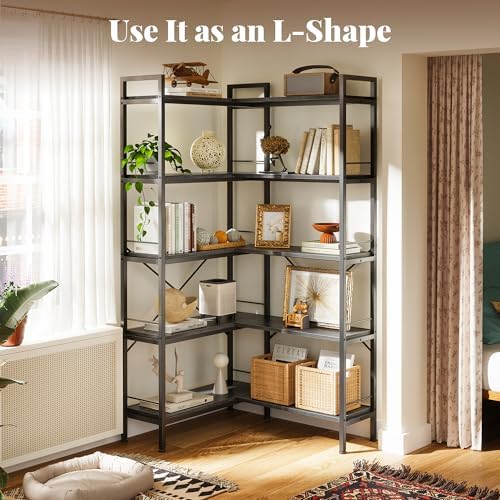 Huuger 5 Tier Bookshelf, L Shaped Corner Bookshelf with 10 Open Shelves, 49.4 Inch Straight Wide Bookcase with Metal Frame and Wooden Board, Adjustable Feet, Grey - Image 6