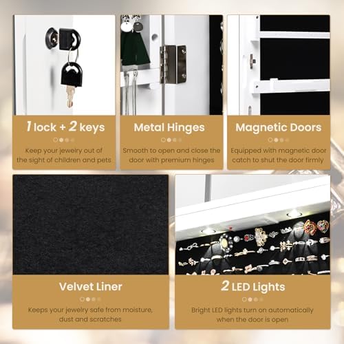 NAFORT 2 LEDs Mirror Jewelry Armoire, 47.5" H Door or Wall Mounted Jewelry Cabinet with Frameless Mirror, Lockable Jewelry Storage Box, Hanging Jewelry Organizer with 2 Drawers, White - Image 5