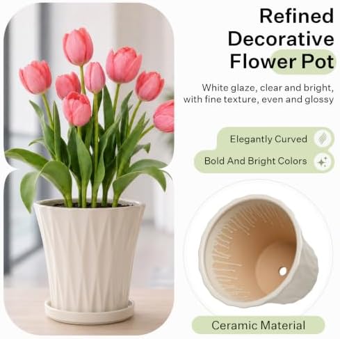 10 Inch Ceramic Planters with Drainage Hole and Saucer,Indoor Outdoor Large Flower Pots, Garden Pot for Plant Lovers (White) - Image 3