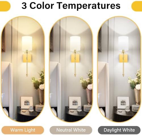 19.9 Inch Wall Sconces Battery Operated Set of 2, Gold Rechargeable Wireless Wall Sconces Lights with Remote, Not Hardwired Dimmable Wall Lamps with White Fabric Shade for Bedroom, 2 Bulbs Included - Image 5