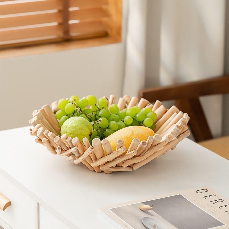 RISEON Natural Handmade Rustic Wooden Bowl, Decorative Driftwood Bowl, Natural Wood Centerpiece Driftwood Tray Basket Home Decor, 14.17 x 14.17 inches - Image 4