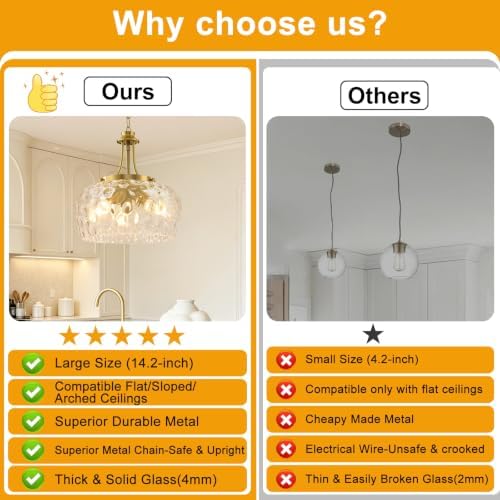 Modern Pendant Lights Kitchen Island, 3-Light Gold Pendant Light Fixtures with 14.2" Clear Hammered Glass Shade, Industrial Hanging Pendant Lights Fixture for Kitchen Island, Dining Room, Entryway - Image 2