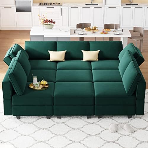 Belffin Modular Sectional Sofa with Ottomans Velvet Reversible Sleeper Sectional Sofa with Chaise Modular Sleeper Sofa Bed with Storage Seat Green by Belffin