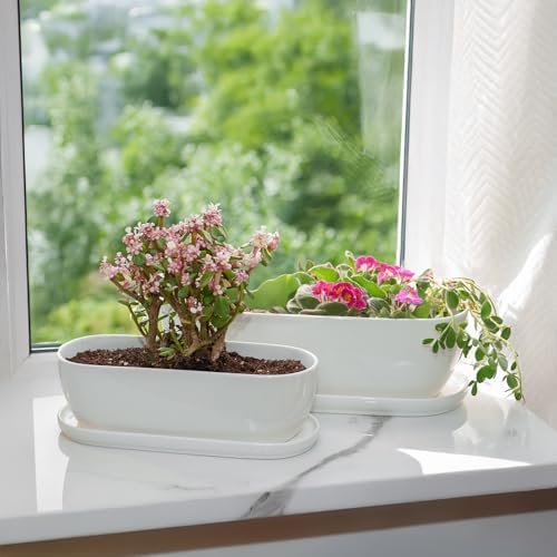 E-liu14 Inch Oval Ceramic Planter Pot with Drainage Hole Saucers - Image 6