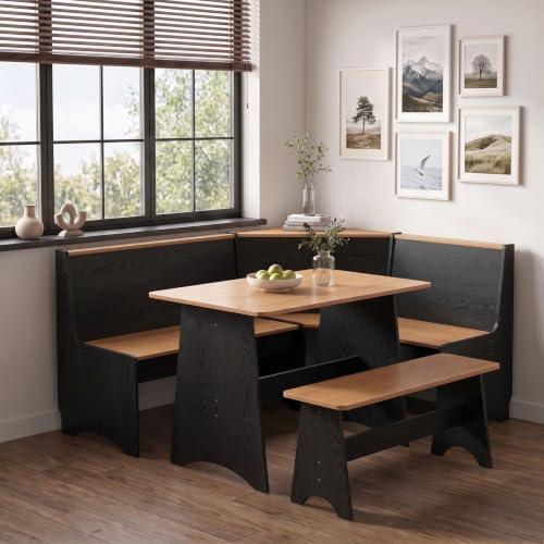 Farmhouse Breakfast Nook Table Set with L-Shaped Bench & Storage, Reversible Seating for 3-4, Easy-Clean Waterproof Laminate, Space-Saving Corner Design (Black + Natural) by Unknown