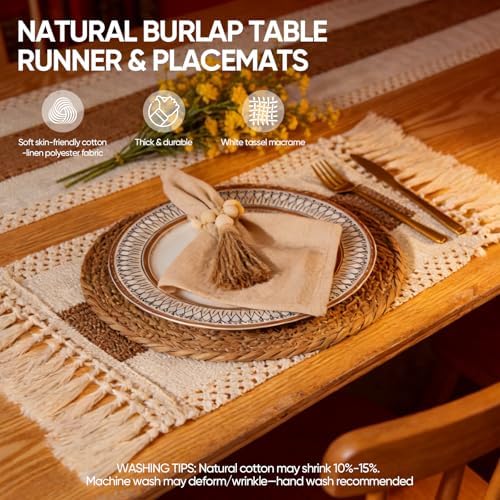 32 Pcs Boho Placemats Table Setting Set (6 Sets),Hand-Woven Natural Water Hyacinth Mats,Cloth Napkins,Napkin Rings,Linen Runner,Storage Basket&Coasters,Boho Kitchen Decor Dining Table Decor - Image 4