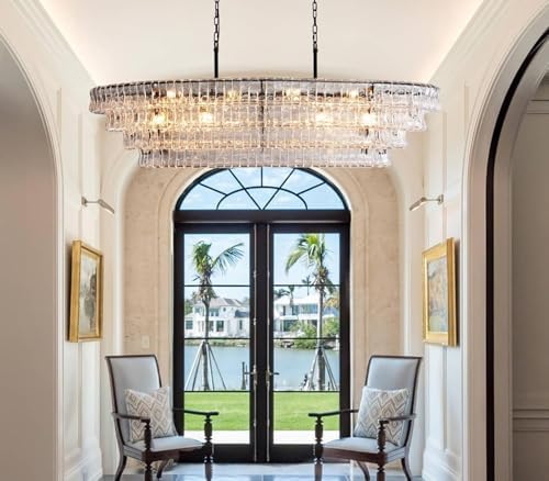Large 65 Inch Black Rectangular Chandelier for Dining Room Modern, Clear Glass Drum Pendant Light, Extra Long Kitchen Island Lighting - Image 7