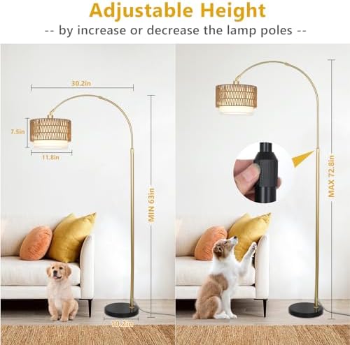 Arc Floor Lamp for bedroom with Rattan & Linen Shades, Gold Floor Lamp with Remote & Dimming Bulb, Rustic Standing Lamp with 3 Color Temperatures, Adjustable Height Farmhouse Tall Lamp for Living Room - Image 3