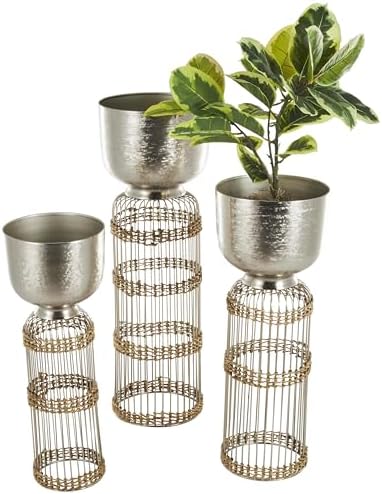 Deco 79 Metal Indoor Planter Textured Dome Large Planter Pot with Woven Seagrass and Caged Rod Pedestal Base, Set of 3 Planters 32", 27", 24"H, Silver by Unknown