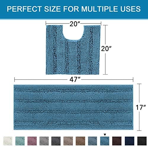 H.VERSAILTEX Bathroom Rugs Bath Rug Set 2 Piece Bathroom Contour Rug Toilet Mat Sets Non Slip Contour Bath Rug Ultra Thick Water Absorbent Striped Bath Mats(47" x 17" Plus 20" x 20" U, Turquoise Blue) - Image 2