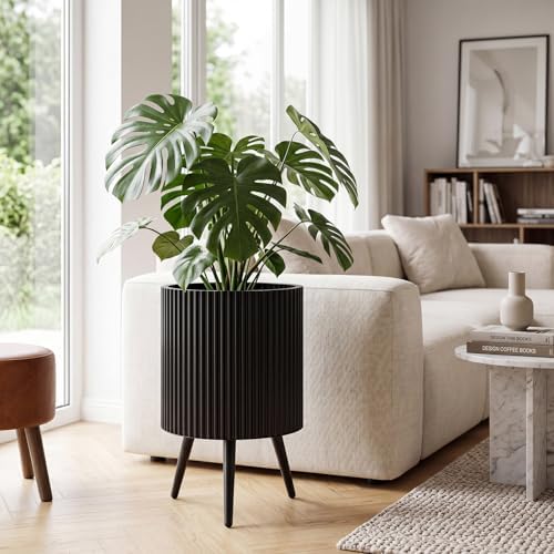 GIANTEX 14 Inch Plant Pot w/Stand Set 2, Mid-Century Modern Fluted Planter - Image 2