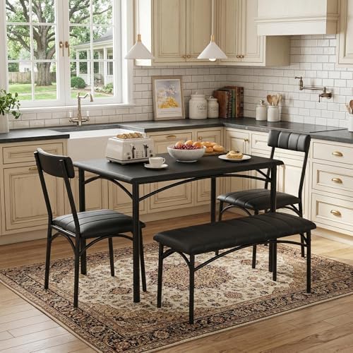 IDEALHOUSE Dining Table Set for 4, Kitchen Table with Chairs for 4, Rectangular Wood Dining Room Table Set with Upholstered Bench for Small Space, Dinner, Apartment, Retro Black - Image 2