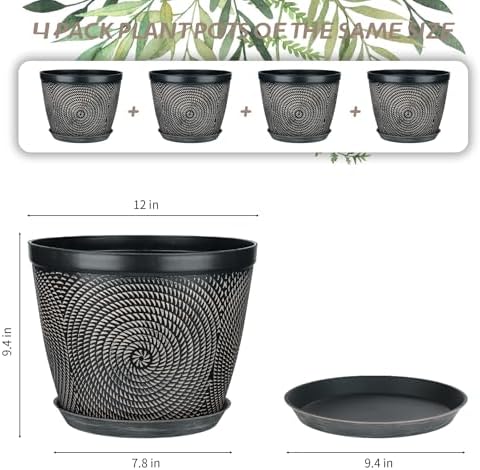 Quarut 12 Inch 4 Pack Large Pots, for Plants,Plastic Flower Pot for Indoor - Image 3