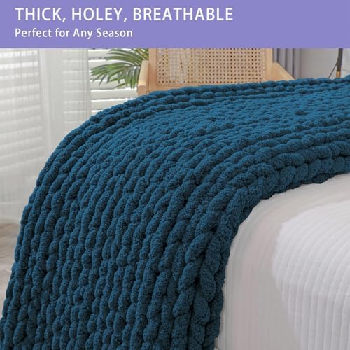 Bigacogo Chunky Knit Throw Blanket for Couch, 51x63 inches, Deep Sea Blue - Image 4