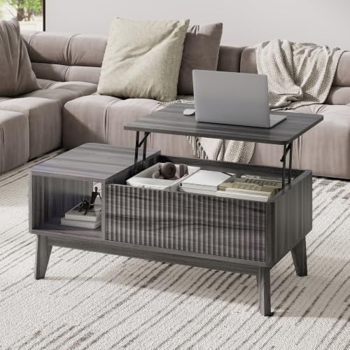 LYNCOHOME Fluted Lift Top Coffee Table with Storage,Modern Center Table for Living Room, Home Office（Grey） by LYNCOHOME
