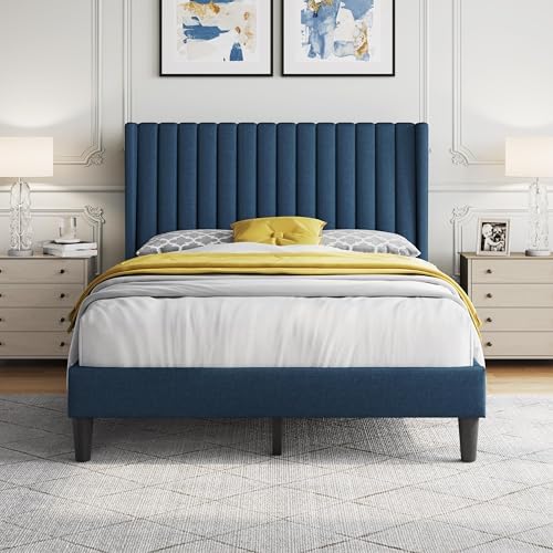 Yaheetech Full Bed Frame with Headboard, Navy Blue Channel-Tufted Platform by Yaheetech