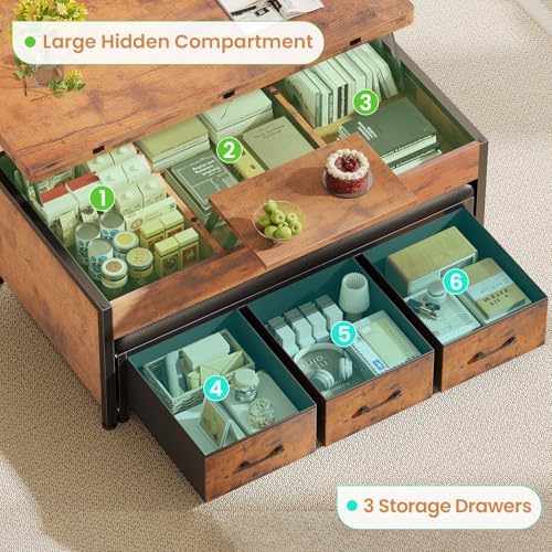 Itaar Lift Top Coffee Table Set, 43'' Multi-Function Coffee Table with Storage Drawers and Hidden Compartment, Center Table with Ottoman Bench for Living Room, Rustic Brown - Image 4