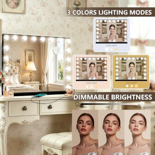 Ratsamee Black Hollywood Vanity Mirror with Lights, 18 Dimmable Bulbs, 3 Color Lights,Make Up Lighted Mirror, Aluminum Metal Frame, USB Charging Port（32" x 24"） - Image 3
