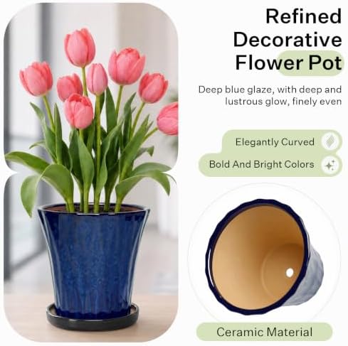 10 Inch Ceramic Planters with Drainage Hole and Saucer,Indoor Outdoor Large Flower Pots, Garden Pot for Plant Lovers (Blue) - Image 3