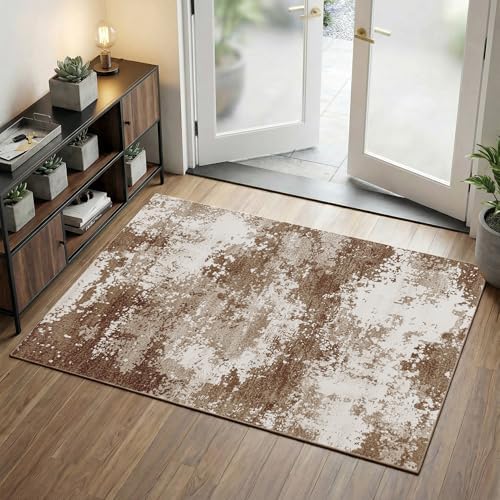 Entryway Rug 3x5 Brown Door Mat Indoor Entrance 36x60, Washable Small Throw Rugs for Kitchen Floor, Entry, Front Door, Bedroom Bedside, Non-Slip Low Pile Stain & Fade Resistant, Abstract Coffee by Acapet