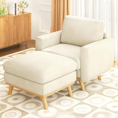 Vesgantti 38.5" Accent Chair with Movable Ottoman, Comfy Corduroy Armchair with Spring Cushion, Reading Chair with Ottoman, Modern Single Sofa for Living Room, Bedroom and Apartment, Beige by Vesgantti