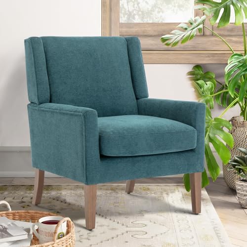 COLAMY Modern Wingback Living Room Chair Set of 2, Upholstered Fabric Accent Armchair, Single Sofa Chair with Lounge Seat and Wood Legs for Bedroom/Office/Reading Spaces, Teal - Image 3