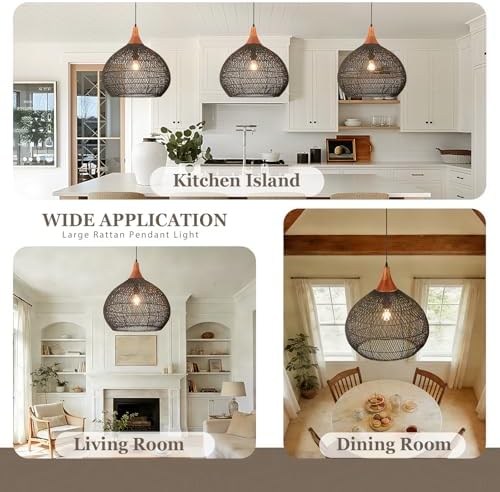 Large Black Rattan Pendant Light, 20" Rattan Chandelier Hand-Woven Wicker Pendant Light Fixtures with Solid Wood, Basket Hanging Lighting for Dining Room Kitchen Island Living Room - Image 6
