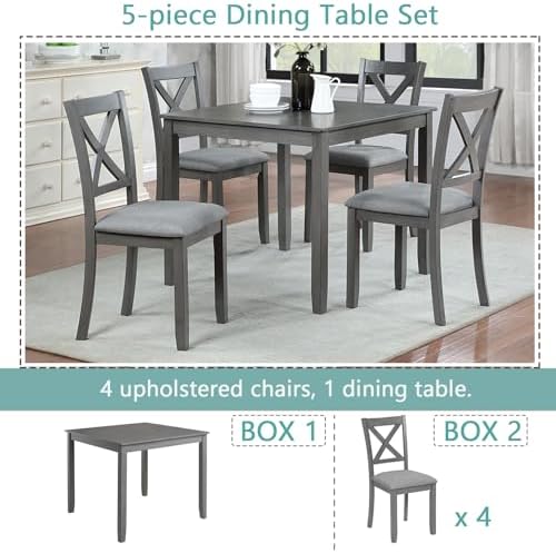 Harper & Bright Designs Modern 5-Piece Wooden Dining Table Set for 4, Grey Square Kitchen Table & 4 Upholstered Seating Chairs, Acacia/Birch Veneer, Space-Saving Design for Dining Room & Small Spaces - Image 6