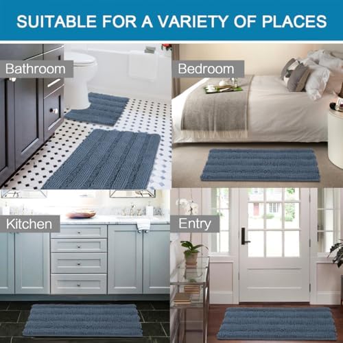 H.VERSAILTEX Bathroom Rug Sets 2 Piece Bath Mats Non Slip Thick Soft Chenille Striped Bath Rug achine Washable Shower Floor Rugs for Tub, Shower and Floor (Blue Indigo, 47"x17" Plus 20"x20" U) - Image 6