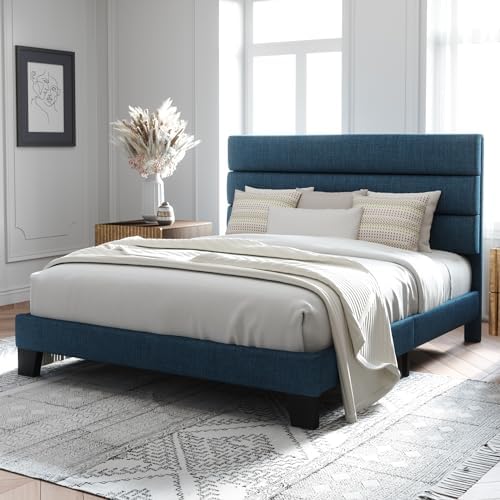 Allewie Full Size Platform Bed Frame with Fabric Upholstered Headboard Blue - Image 3