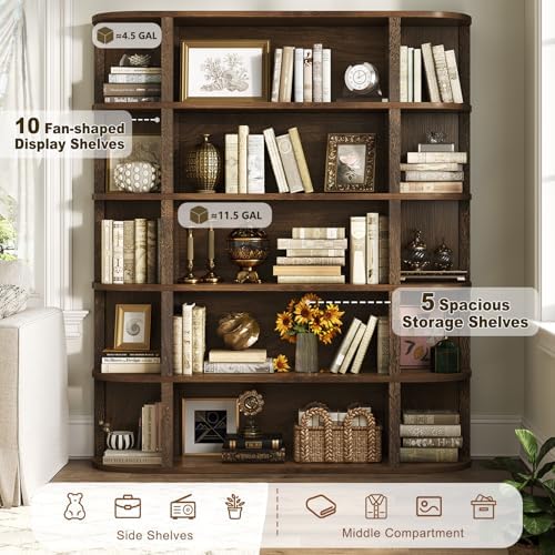 TVU 5-Tier Wood Book Shelf, 47" Wide Large Bookshelf and Bookcase, 62" Tall Bookshelf with Curved Side Shelves, Freestanding Wood Display Book Shelves for Living Room, Home Office, Walnut - Image 6