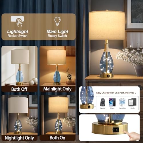 OYEARS 23" Table Lamps for Living Room Set of 2 Bedside Lamps for Night Stands Bedroom Lamps Farmhouse Rattan Boho Lamp Glass Nightlight End Table Lamp with USB C+A (Blue),Two Light Points - Image 3
