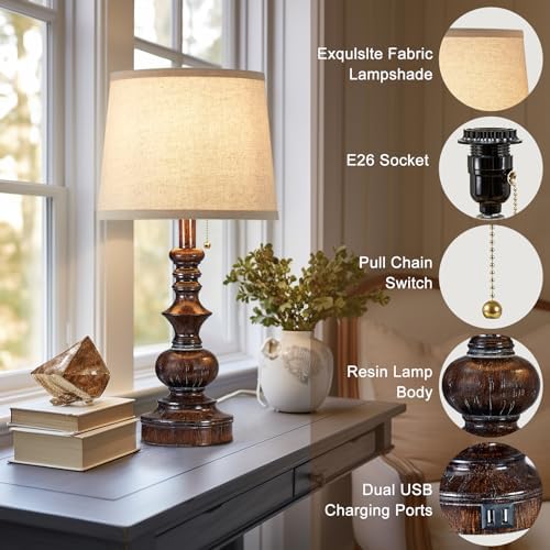 Drawealth Vintage Bedside Table Lamps Set of 2 for Bedroom Nightstand Lamps with USB Charging Ports Rustic Farmhouse Small Table Lamp for Living Room End Tables Brown Wooden Finish, Pull Chain - Image 6