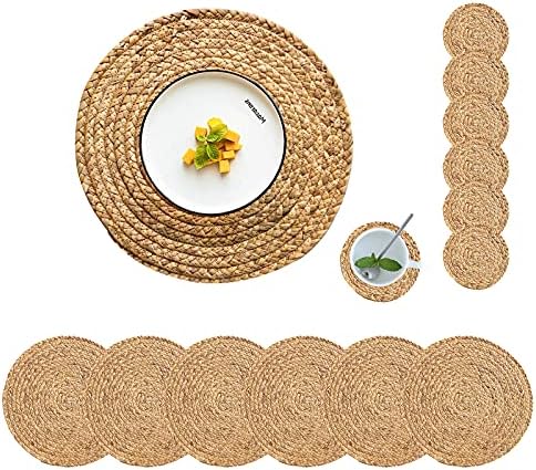 Round Woven Placemats Set of 6 with 6 Coasters Natural Water Hyacinth Place Mats, 13.5 Inch Rattan Placemats Wicker Farmhouse Boho Straw Heat Resistant Outdoor Placemats Patio Table Mats by CYSISTERS
